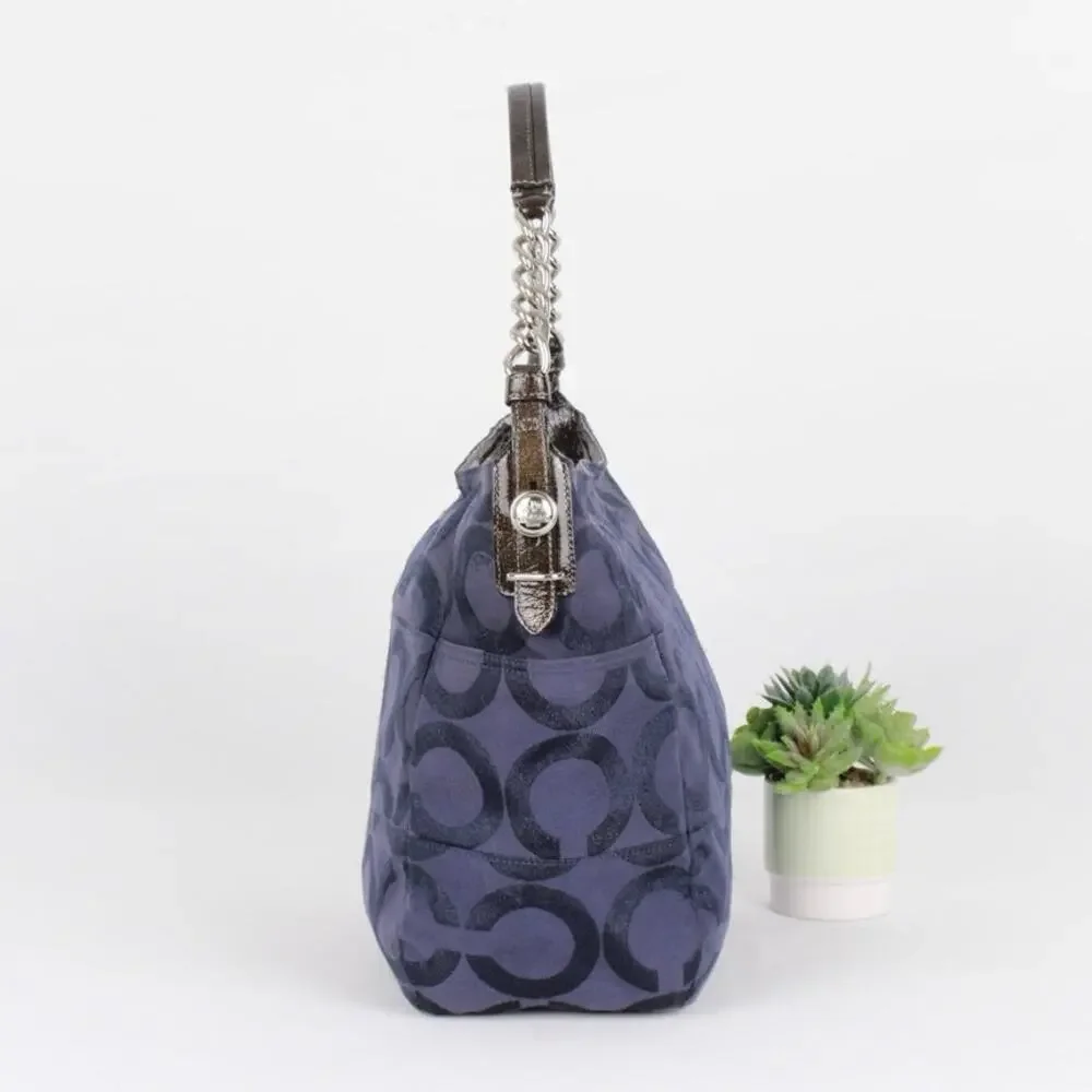 Coach Navy Blue Glitter Signature C Canvas Leather Shoulder Bag